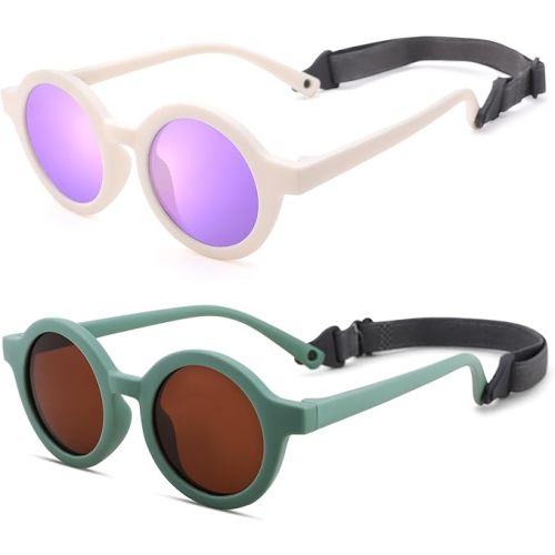 Bendable Round Baby Polarized Sunglasses0-24 Months - 2pack(white / Purple Mirror+green/Brown) - 36 Millimeters