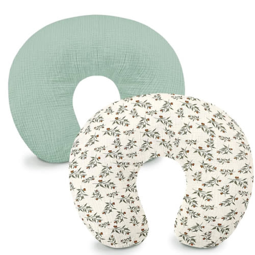 Hooyax Muslin Nursing Pillow Covers 2 Pack, Soft and Breathable Nursing Covers for Breastfeeding Pillows, Adorable Infant Feeding Pillow slipcover for Baby Boy and Girls (Green Leaf)