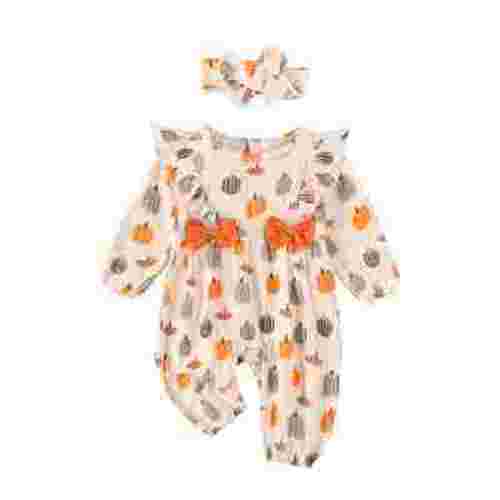 Loliuicca Girl Halloween Romper Pumpkin Print Long Sleeve Jumpsuit Headband