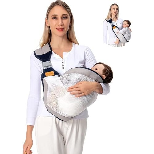Baby Sling Carrier, Baby Carrier Newborn to Toddler(7-45lbs), Toddler Carrier with Safety Buckle, One Shoulder Adjustable Shoulder Strap, One Size Fits All, Mesh Grey