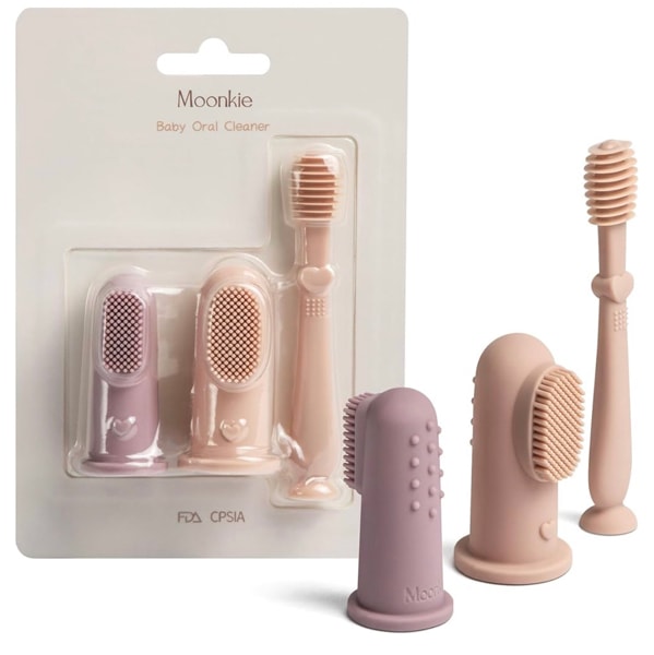 Moonkie Baby Finger Toothbrush Tongue Oral Cleaner Kit for 3 Months +, 3 Pcs (Blush/Pale Mauve/Blush)