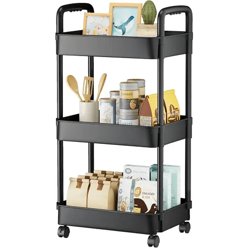 3 Tier Rolling Cart, Plastic Rolling Utility Cart with Wheels, Roller Cart with Handle and Lockable Wheels for Kitchen, Bathroom, Living Room and Office, Black