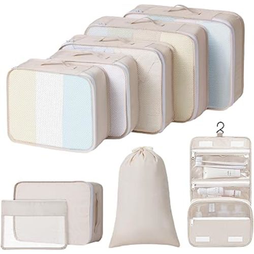 Packing Cubes for Travel - 9 Set Large Travel Cubes Luggage Organizer Bags Set With Laundry Bags/Shoe Bag/Toiletry Bag (Beige)