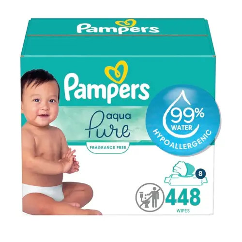Pampers Baby Wipes Aqua Pure, 99% Water Based Wipes, Hypoallergenic and Unscented Infant Wipe, 448 Total (8 Flip-Top Packs)