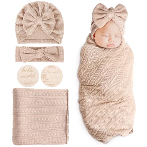 BQUBO Baby Swaddle Blankets for Girls, 4PCS Newborn Accessories Set with Hat and Bow Headband with Hello World Wooden Birth Announcement Card, Baby Blankets for Girls