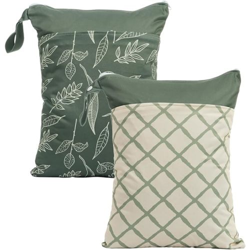 2pcs Wet Bags Waterproof Reusable Wet Dry Bag with Two Zippered Pockets Travel Beach Pool Daycare Yoga Gym Bag for Baby Cloth Diaper,Swimsuits,Wet Clothes (Leaves & Grids)