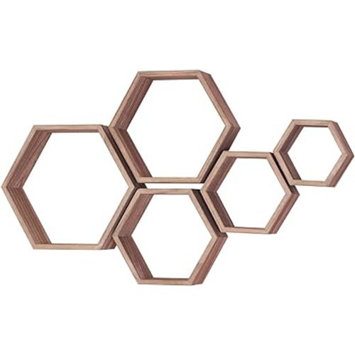 Hexagon Shelves for Wall,Hexagon Floating Shelf Set of 5,Honeycomb Shelves Octagon Hanging Cube Rustic Wood Wall Mounted for Living Room Bedroom Kitchen Bathroom Office Home Decor（Wood Brown）