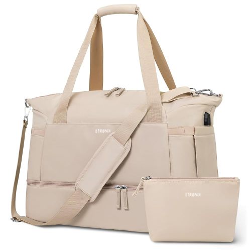 ETRONIK Gym Bag for Women, 47L Carry On Travel Duffel Bag with Shoes Compartment, Weekender Overnight Bag with Wet Pocket & USB Charging Port for Women, Travel, Gym, Weekend, Large Size (Khaki)