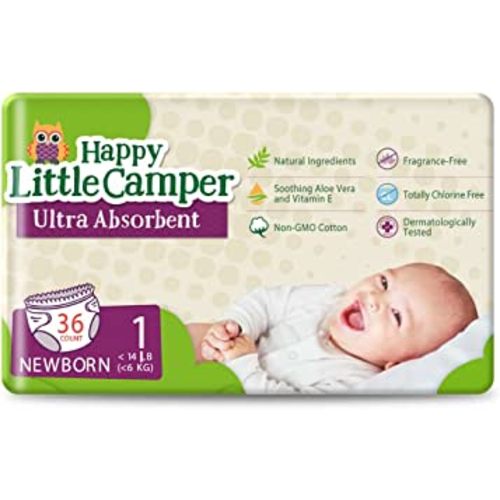 Happy Little Camper Ultra-Absorbent Hypoallergenic Natural Disposable Baby Diapers, Chlorine-Free Protection for Sensitive Skin, Newborn, Size 1, 36 Count