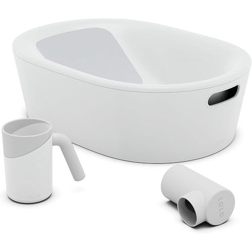 Lalo Bathtime Starter Kit - 3-Piece Set Includes Modern Baby Bathtub, Rinse Cup & Spout Cover - Safe, Easy to Clean Design for Newborns - 25.3 x 18 x 7.7 in, 10 lb - Coconut
