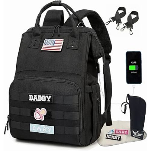 Diaper Bag Backpack for Dad and Mom with USB Charging Port Stroller Straps and Insulated Pocket,army military Travel Nappy Backpack for Daddy/Mommy (Black)