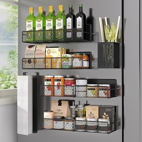 Magnetic Spice Rack for Refrigerator, 6 Pack Metal Magnetic Shelf Black, Moveable Spice Organizer, Strong Magnetic Storage Fridge Organizer with Paper Towel Holder, Utensils Holder
