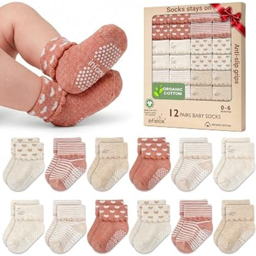 GOTS Certified Organic Cotton Infant Baby Socks 12 Pair For 0-6 (M) Baby Boy Soft, Stretchable & Comfortable Infant Socks, Premium Boys Cotton Socks, Gift for Newborn Boys, Peach & Beige