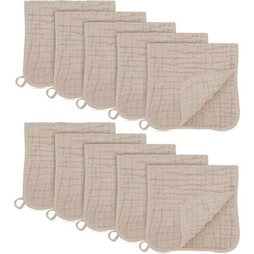 HIPHOP PANDA Muslin Burp Cloths, 10 Pack - Large 20" X10" - Ultra Absorbent and Soft 100% Cotton Baby Essentials Drool Rags and Messes for Newborn - ​Colorful Designs for Boy Girl, Sand