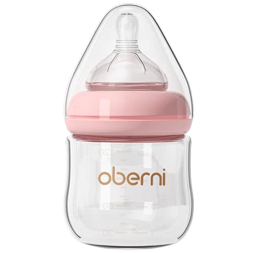 Oberni Glass Baby Bottles,Anti Colic Breastfeeding Bottle with Natural Response Nipple Size S,Wide Neck Slow Flow Baby Bottle for Baby,Newborn,Preemie 0-3 0-6 Month,BPA Free (Pink, 1 Pack, 4 Ounce)