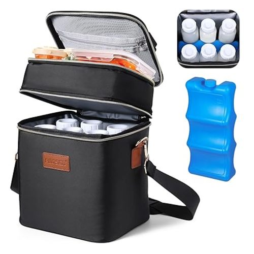 Breastmilk Cooler Bag with Ice Pack Fits 6 Baby Bottles Up to 9 Ounce, Insulated Baby Bottle Tote Bags, Double Layer Waterproof Leak-Proof with Shoulder Strap for Nursing &Working Mom