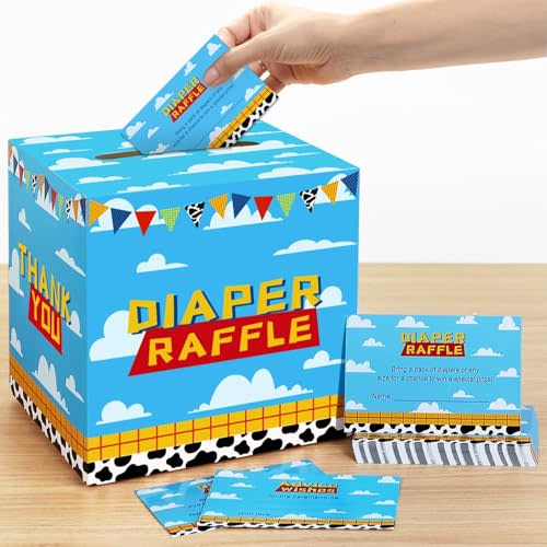 Boy Story Baby Shower Decorations Diaper Raffle Box with 50 Tickets Cards,It's A Boy Story Baby Shower Theme Game