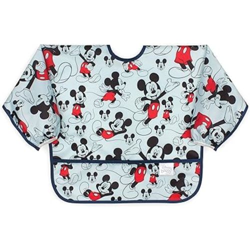 Bumkins Disney Bibs, Baby and Toddler Girls and Boys 6-24 Months, Long Sleeve, Essential Must Have for Eating, Feeding, Mess Saving Lightweight Waterproof Fabric Sleeved Smock, Mickey Mouse Classic