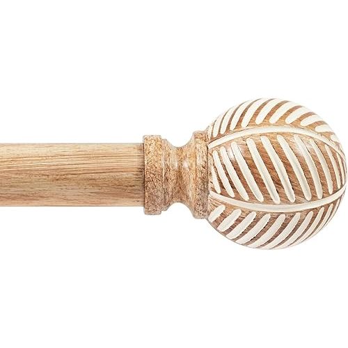 Zeerobee Wood Curtain Rods for Windows 48 to 84, 1 Inch Heavy Duty Drapery Rods with Imitation Wood Grain Leaf Pattern Finials, Indoor/Outdoor Modern Curtain Pole, 32"-86", Brown