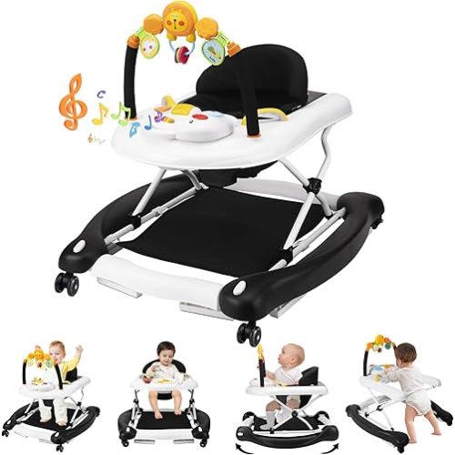 Baby Walker with Wheels, 5 in 1 Baby Walkers for Boys Girls 6-12 Months, Foldable Walker Baby with Bouncer & Feeding Tray, Music, Adjustable Heights