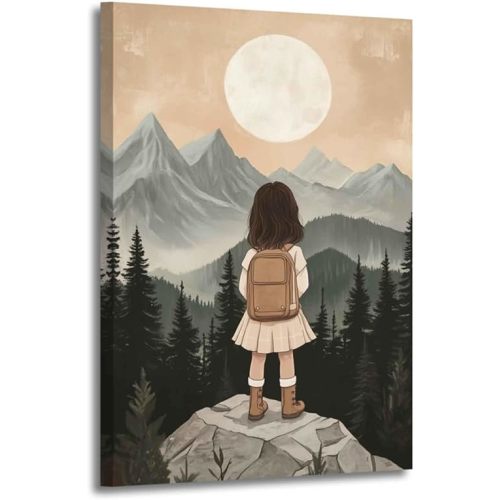 XLMDYYSW Adventure Toddler Wall Art Baby Girl Picture Woodland Mountain Landscape Painting Print Outdoor Nursery Artwork Children Room Bedroom Decor Framed (18L x 12W)