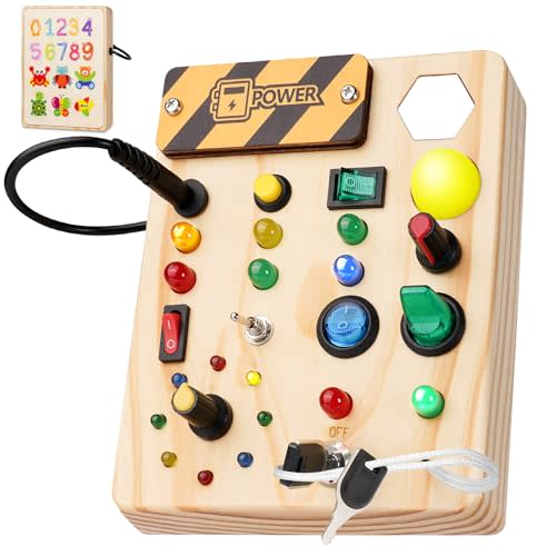 RELODICA Montessori Toddler Busy Board, 27 LED Lights Montessori Toys for 1-6 Year Old, Wooden Sensory Toy for Boys & Girls Gifts