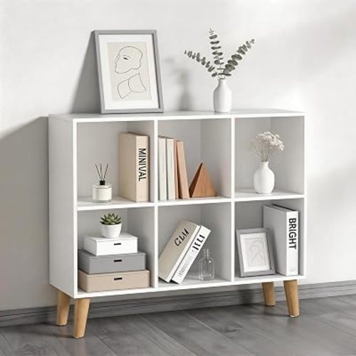 6 Wooden Cube Storage Organizer with Legs,Two Tier Horizontal Cube Bookcase Freestanding Storage Organizer Open Shelf Short Bookshelf for Bedroom, Living Room, Home Office (6 Cube,White)