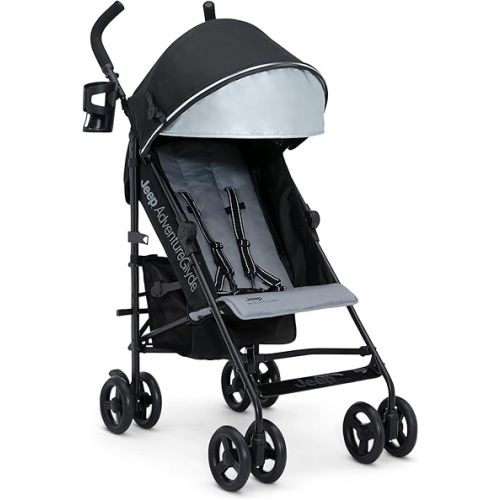 Jeep AdventureGlyde Stroller by Delta Children - Lightweight Travel Stroller with Smoothest Ride & Compact Fold, 3-Position Recline, Extra Large Storage Basket, Black/Grey
