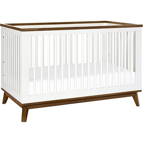 Babyletto Scoot 3-in-1 Convertible Crib with Toddler Bed Conversion Kit in White and Natural Walnut, Greenguard Gold Certified