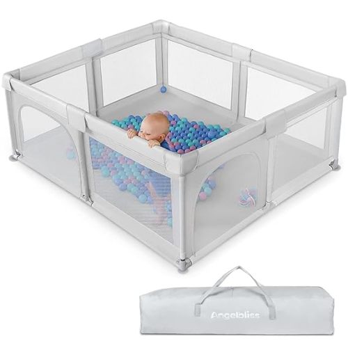 ANGELBLISS Baby Playpen, Large Playard Indoor & Outdoor Kids Activity Center with Anti-Slip Base, Sturdy Safety Play Yard with Breathable Mesh, Kid's Fence for Infants Toddlers(Grey,63”x47”)