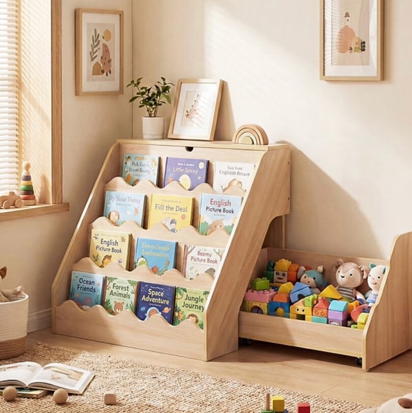 Costway - Kids' Bookshelf & Toy Storage Organizer with Rolling Drawer Cart, 4 Tier Book Shelf - Natural