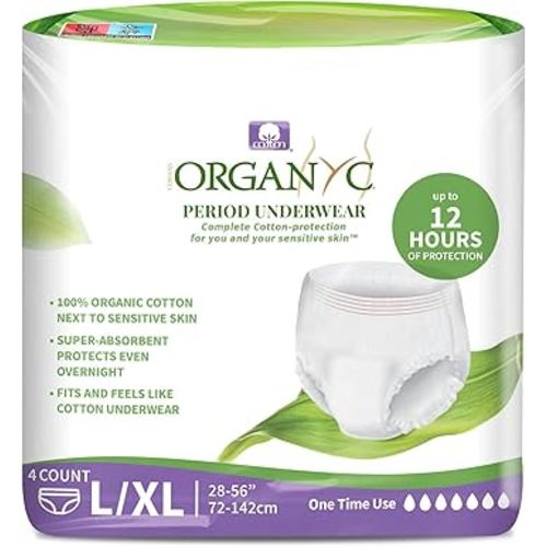Organyc Certified Organic Cotton Disposable Period Underwear for Sensitive Skin 12 Hours Complete Protection Size L/XL 4 Count