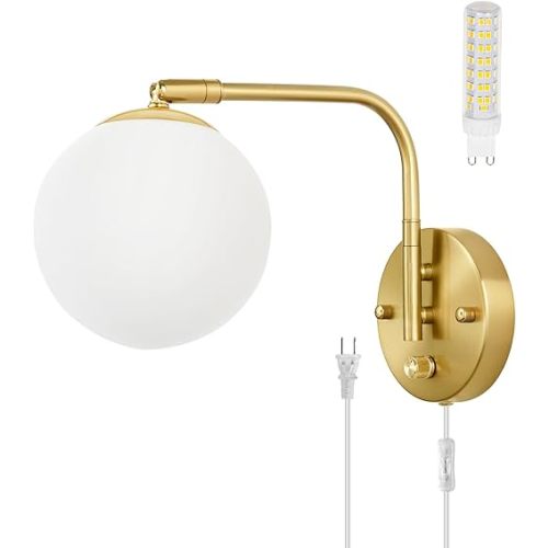 Wall Sconces Plug in, Dimmable Swing Arm Wall Lights with Plug in Cord and Dimmer On/Off Knob Switch, Dimmable Wall Light with Milky White Glass Globe Shade(1 Bulb Included)