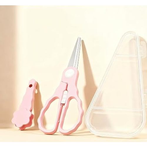 Baby Food Scissors with Travel Case, Portable Stainless Steel Shears with Safety Lock, Dishwasher Safe, Kitchen Scissors, Healthy Food Cutter with Dust Cover, Pink