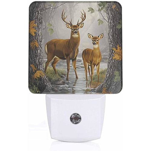 Elk Night Light Autumn Forest and Stream 0.5W Night Lights Auto LED Lamp Energy Saving Square Lights for Room Bedroom Bathroom