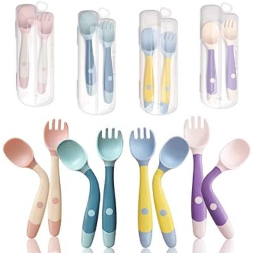 Baby Utensils Spoon Fork with Travel Case, Toddler Utensils for Self Feeding Bendable Handle Silverware for Kids Children (4 Set, Pink+Yellow+Green+Purple)