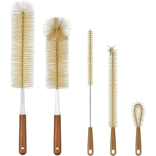 ALINK 5-Pack Bottle Brush Cleaner - Long Bamboo Handle Water Bottle Straw Cleaning Brush for Washing Narrow Neck Beer Wine Decanter, Sports Bottle, Thermos, Flask