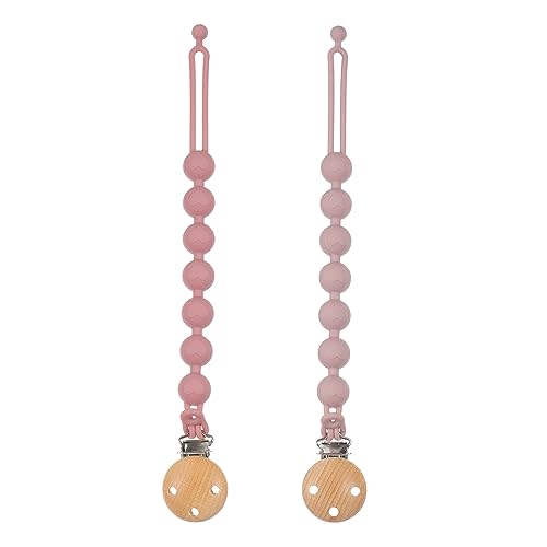 Dirbabi Silicone Pacifier Clips for Baby, 2-in-1 One Piece Design Pacifier Holder & Teething Ring Toy, BPA Free, 2 Pack (Power Rose+Dusty Lilac)