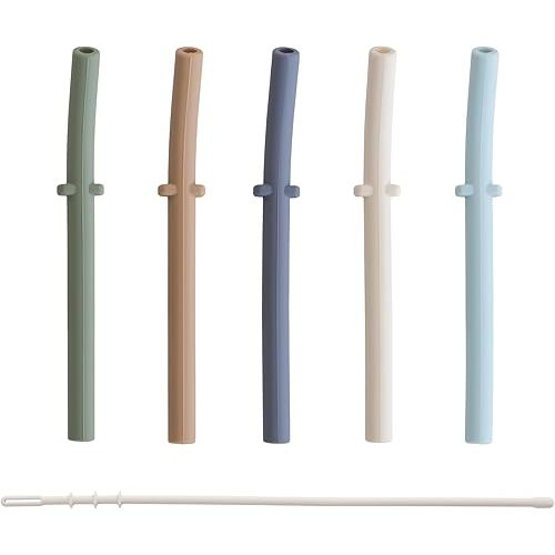 mushie Silicone Replacement Straws for Babies 6 months+ | 5 Pack | 4.75" Long with Cleaning Brush (Forest)