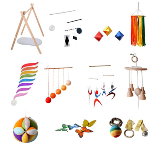 Box of Montessori Mobile, Gobbi Mobile, Montessori Bell and Ring, Tactile Mobile, Octahedron Mobile, Ribbon Mobile, Rainbow Mobile