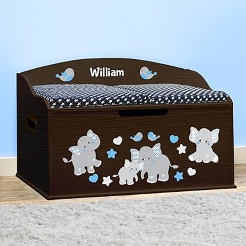 DIBSIES Personalized Creative Wonders Toy Box, Blue Elephants, 30 x 19.25 x 18 inches, Soft-Close Lid (Espresso)