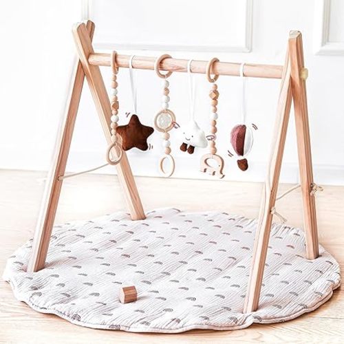 Wooden Baby Play Gym with Mat, Foldable Frame Activity Gym with 6 Gym Toys | Baby Play Gym with Rainbow Playmats for Newborn Infant Foldable Activity Gym Hanging Bar Natural Pine Wood Play Gym