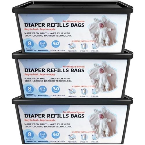 Diaper Pail Refills Bags with 30 Bags, Compatible with Genie Easy Roll Signature Diaper Pail and Platinum Diaper Pail, 7-Layer Odor-Barrier Technology, 3 Pack (90 Bag)