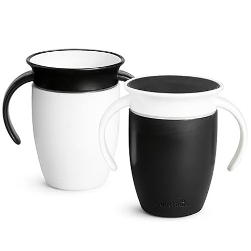 Munchkin Sippy Cup for 6 Month Old and Up, Spill Proof Miracle 360 Toddler Cups with Transition Handles, 7 Ounce, 2 Pack, Black/White