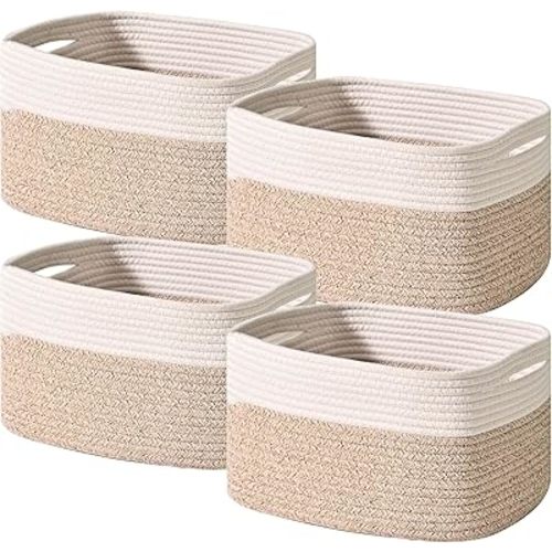 Storage Baskets for Shelves, Woven Storage Basket, Bins for Cube Storage, Cotton Rope Basket with Handles for Toy, Book, and Clothes Living Room, (4 Packs) Off White & Brown