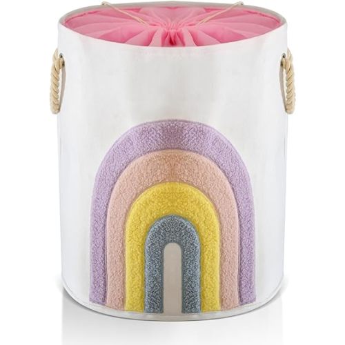 INough Pink Baby Hamper, XL Canvas 58L Laundry Basket with Drawstring Closure, Boho Rainbow Decor