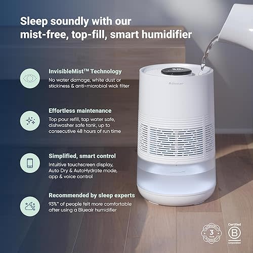 BLUEAIR Premium Smart Humidifier for Large Rooms, Bedrooms, Better Sleep with Evaporative Invisible Mist Tech, Auto Humidify, Easy Top Fill, Smart Control with App, Touchscreen, 3.5L Tank for 48 hours