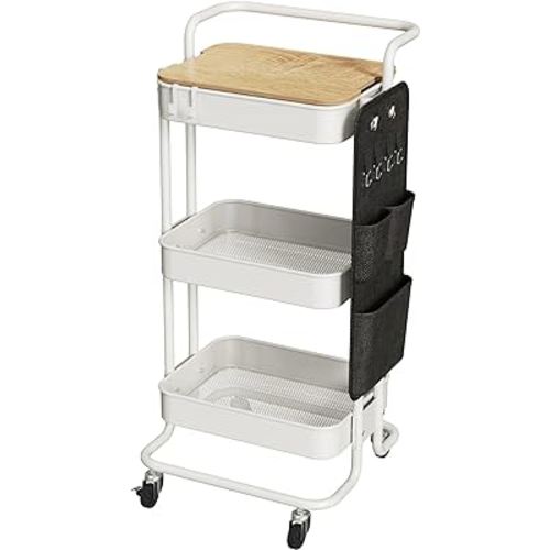 DTK 3 Tier Metal Utility Rolling Cart with Table Top and Side Bags, Metal Tray Storage Organizer Cart with Wheels, Art Craft Cart with 4 Hooks for Kitchen Bathroom Office Living Room (White)
