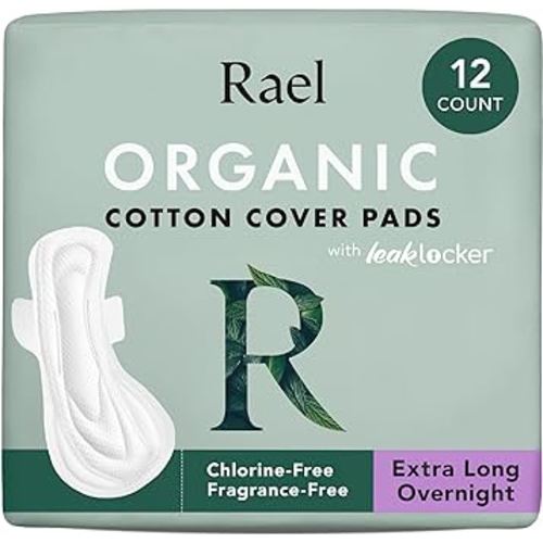 Rael Pads for Women, Organic Cotton Cover - Period Pads with Wings, Feminine Care, Sanitary Napkins, Ultimate Absorbency, Unscented, Ultra Thin (Extra Long Overnight, 12 Count)