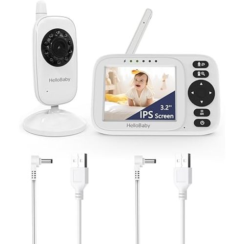 HelloBaby Monitor No WiFi Video Baby Monitor with Camera and Audio - 3.2" Screen, 2-Way Talk, Night Vision, 8 Lullabies,Temperature, Manual Baby Camera Adjustment,1000ft,ECO,USB Cable | HB2438 Upgrade